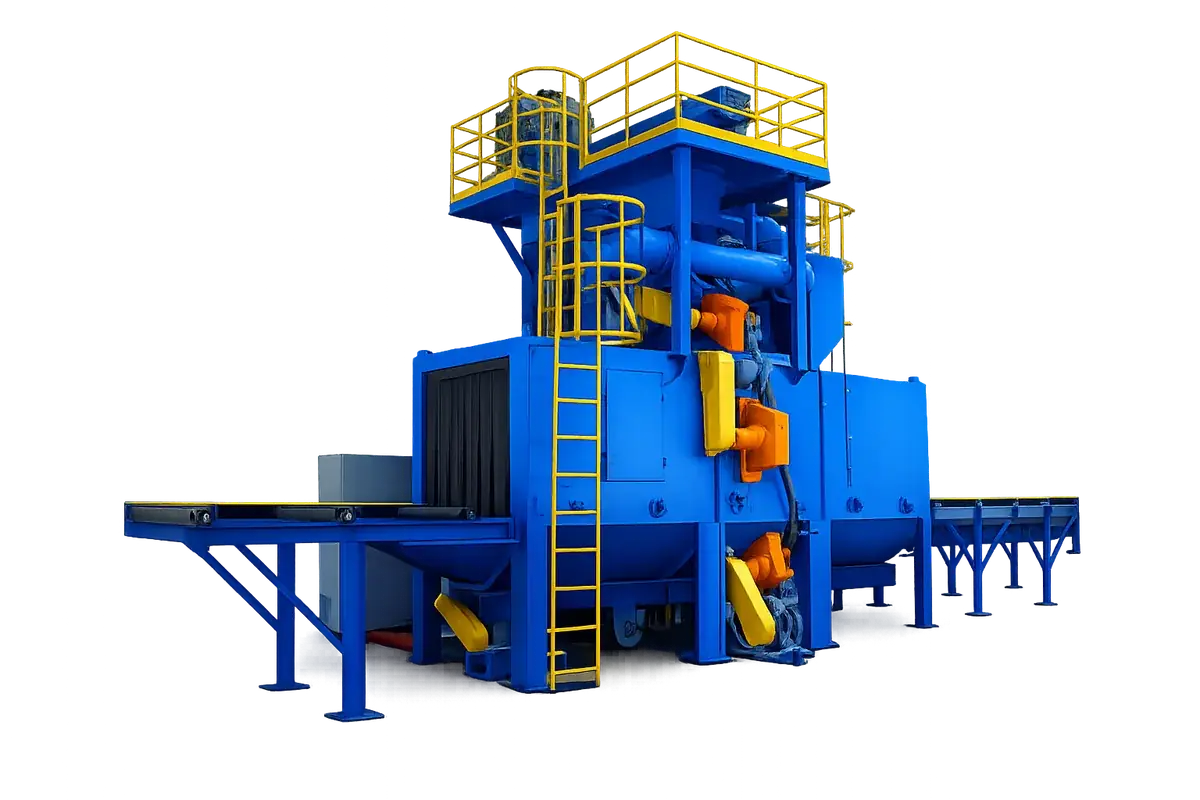 Máquina de passagem da Andrade Engenharia, linha turbinada, estrutura azul com plataforma e escada amarela de segurança